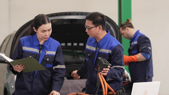 Technician vehicle diagnostic repair with clipboard cable in workshop uniform garage inspection electric service open hood
