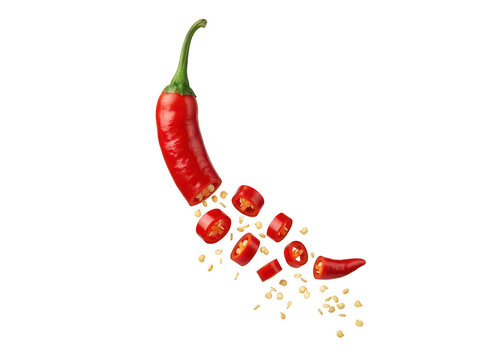 Fresh red chili pepper sliced in mid-air. Spicy vegetable pieces falling on white background.