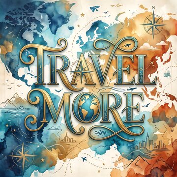 Vintage travel more typography artwork with world map, compass, and airplane on watercolor background, inspiring wanderlust