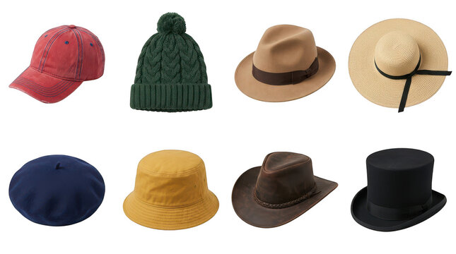 Assorted headwear collection including a baseball cap beanie fedora and sun hat Isolated on transparent background