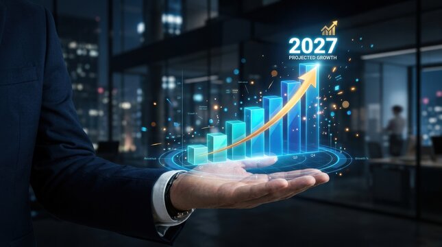 Businessman holding 2027 growth chart. Digital financial forecast with rising bar graph.