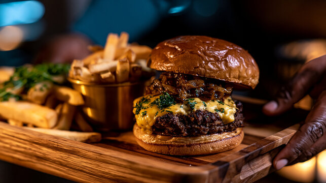 Gourmet beef burger served on wooden platter with fries delicious appetizer