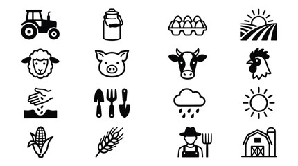 Obraz premium Agricultural and farming icons set with tractor animals and crops