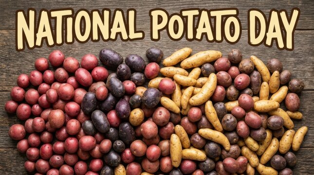 National Potato Day text with assorted raw potatoes. Fresh organic vegetables on wood table.