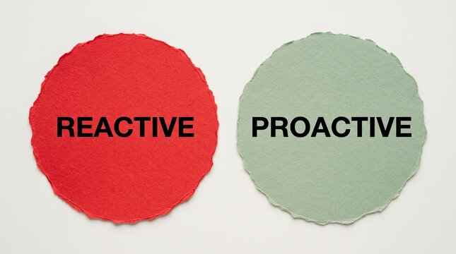 Reactive and proactive concepts printed on circular torn paper shapes isolated against a plain white background