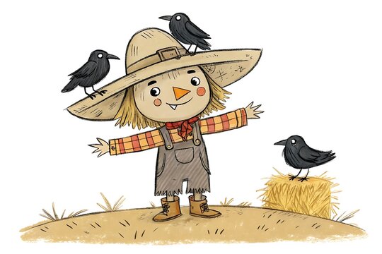 Cheerful scarecrow with three black crows in a field