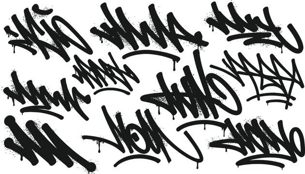 Graffiti tags in black ink splatters on a white background a dynamic street art collection