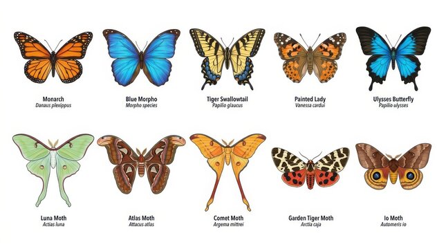 Collection of colorful butterflies and moths. Set of various insect species on white background.