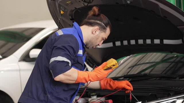 Mechanic car engine multimeter glove repair service diagnostic tool vehicle maintenance inspection garage battery check auto workshop
