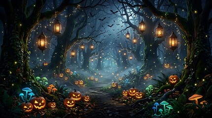Magical forest trail with hanging lanterns glowing mushrooms and carved pumpkins under moonlit sky for ethereal halloween fantasy and fairy tale landscape background © mozibur01