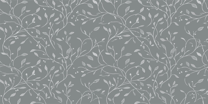 Seamless floral pattern with elegant white twisting vines and leaves on a solid grey background seamless background botanical wallpaper decorative ornamental illustration wrapping artistic