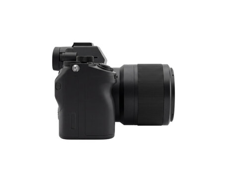 Black digital single lens reflex camera with lens detailed texture on transparent background