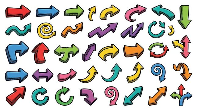 Hand drawn arrow set. Colorful doodle arrows for design elements and business infographics.