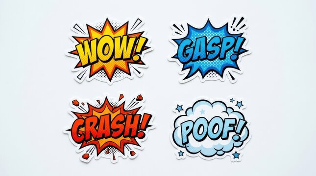 Comic book speech bubbles with sound effects. Pop art style stickers for graphic design.