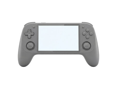 Gray handheld video game controller with buttons and screen on transparent background