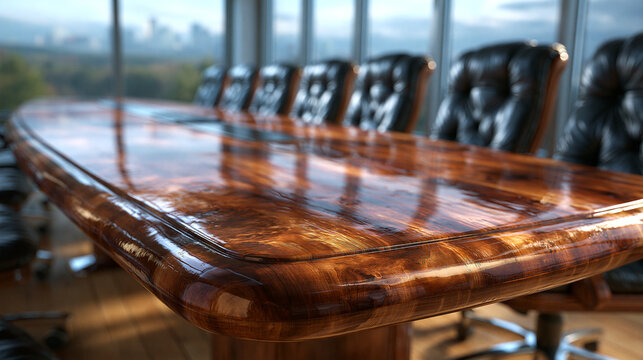 Polished rustic wooden boardroom table in a high rise office meeting room