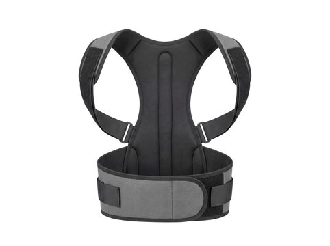Gray posture corrector brace with adjustable straps isolated on transparent background back