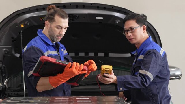 Technician mechanic inspect vehicle engine fault diagnostic tablet multimeter glove safety repair circuit under open hood garage test