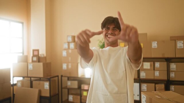 Man framing box with hands while smiling, surrounded by stacked parcels and shelves in a storage building; small business pride.