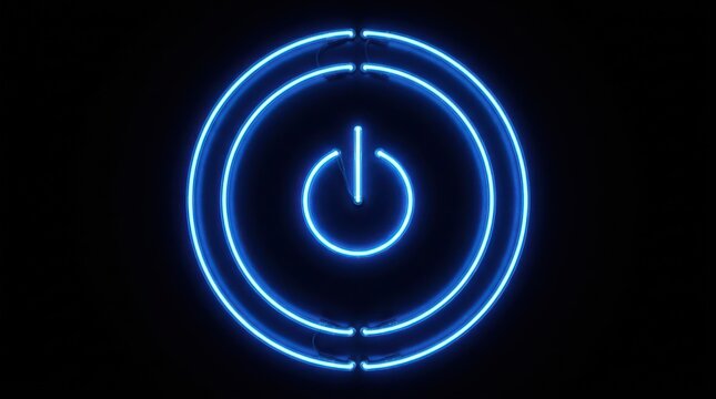 Glowing blue power button icon. Neon energy symbol for technology and startup concepts.