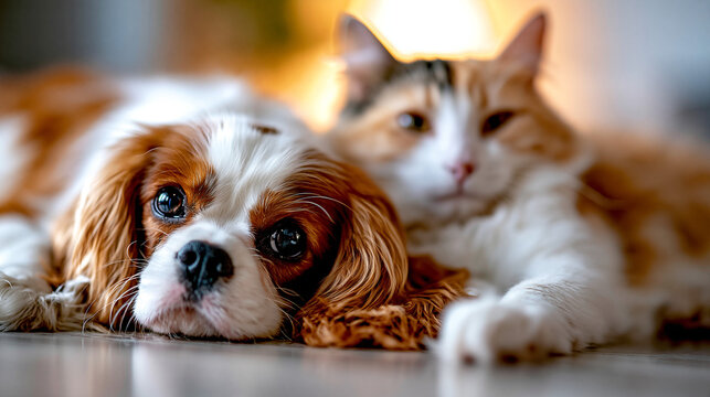 Cute dog and cat lying together on floor indoors with friendship, cavalier