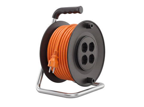 Power cord reel with orange cable and four sockets on transparent background