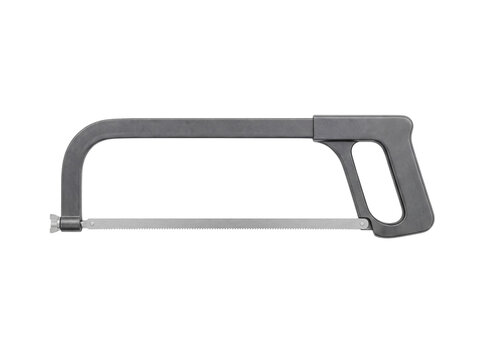 Hacksaw with metal frame and fine toothed blade on transparent background hand
