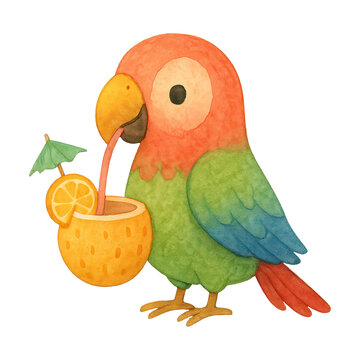 PNG Colorful parrot enjoying tropical drink.