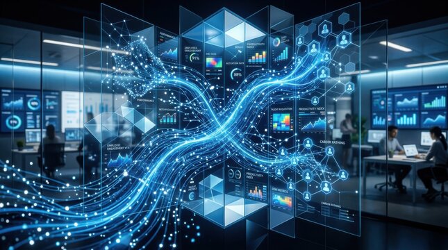 Blue Neon Data Visualization Panels with Holographic Dashboards