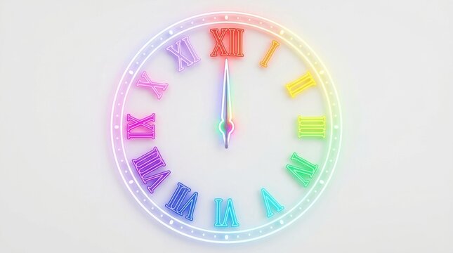Rainbow clock with Roman numerals. Colorful time concept on a white background.