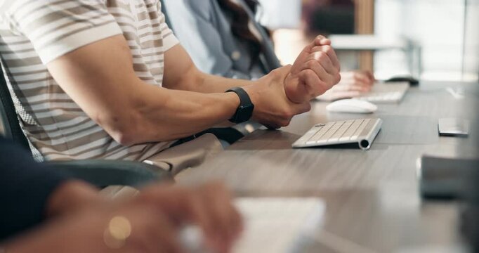 Man, hands and agent with pain in office for overworked strain, pressure or muscle tension. Male person, consultant and typing with sore wrist, ache or injury for carpal tunnel syndrome in workplace