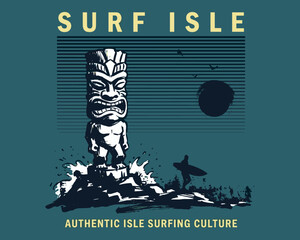 Surf isle tiki design. Vintage surfing culture graphic. Tropical beach t shirt artwork.. Tiki stat © pandu