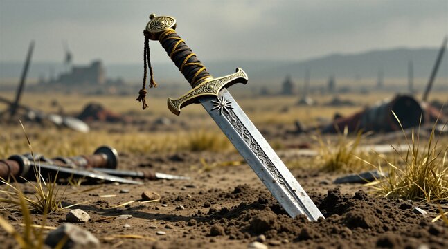 Old metal sword stuck in dry ground of empty battlefield. Antique weapon with golden handle lies in dirt field after war fight. Medieval blade remains as relic of past conflict. Ancient steel