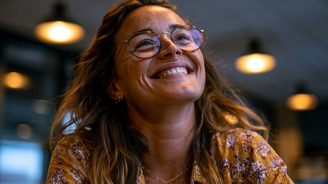 Smiling woman with glasses looking up in warm cozy cafe atmosphere, portrait