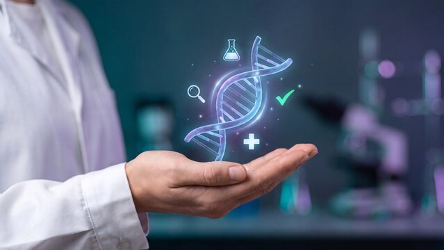 Genetic research biotechnology concept, scientist holding holographic DNA helix with lab flask and checkmark icons, genomics, molecular biology, clinical study and biotech innovation