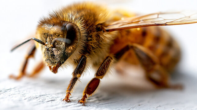 Extreme macro close-up portrait of a honey bee on a textured wooden surface