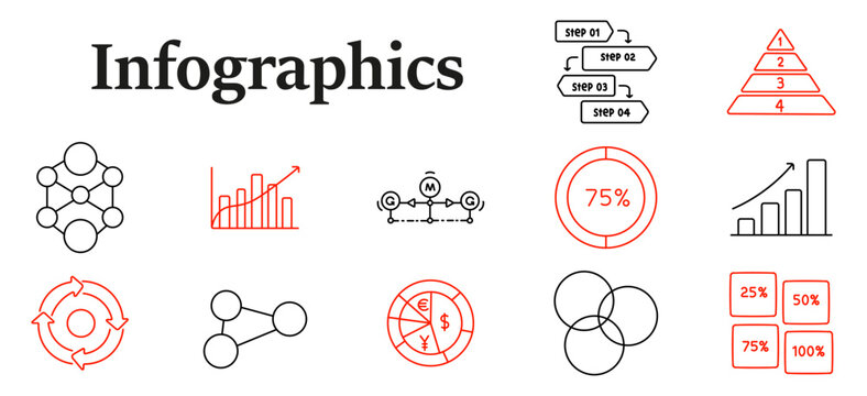 Infographics set icon. Pyramid scheme, percentage circle, network connection, financial chart, workflow sequence, currency diagram, statistical dashboard, analytical presentation graphics