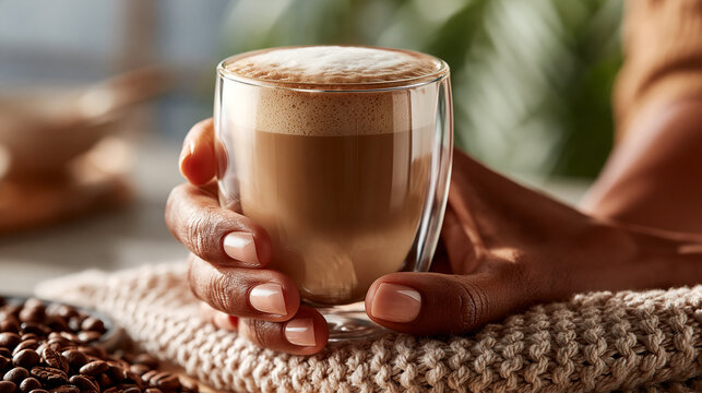 Person holding a glass of warm cappuccino with foam and coffee beans, beverage