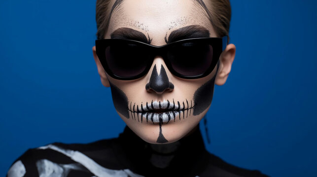 ​A close-up portrait of a person wearing black sunglasses and detailed skeleton makeup on their face and neck, against a solid blue background.