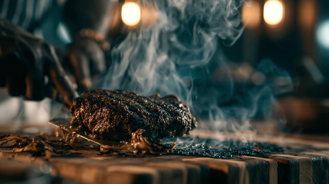 Juicy grilled steak cooking on hot wooden board with smoke rising, delicious