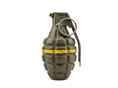 Military hand grenade isolated on white. Explosive weapon with metal pin and safety lever.
