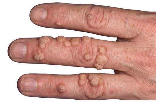 Close-Up of a Hand with Multiple Common Warts on the Fingers - Verruca Vulgaris Common Warts - Dermatology Clinical Macro Photography