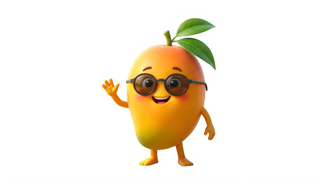 Cute cartoon mango character wearing sunglasses and waving hello