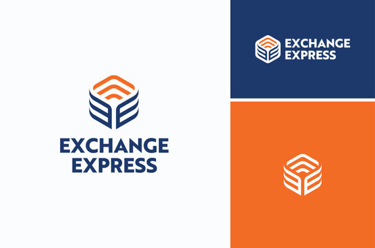 Stripes hexagon box with letter E and Mirrored for Exchange Logo Design
