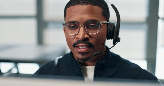 Computer, talking or black man in call center for telemarketing, premium benefits or insurance sales. Tech, person or telesales agent with headset for coverage options, policy offer or communication