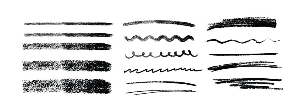 A collection of hand drawn charcoal or pencil strokes and lines isolated on a white background for artistic design and creative projects