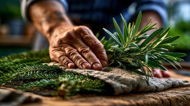 Hands preparing fresh evergreen wreath for holiday decorations with hands