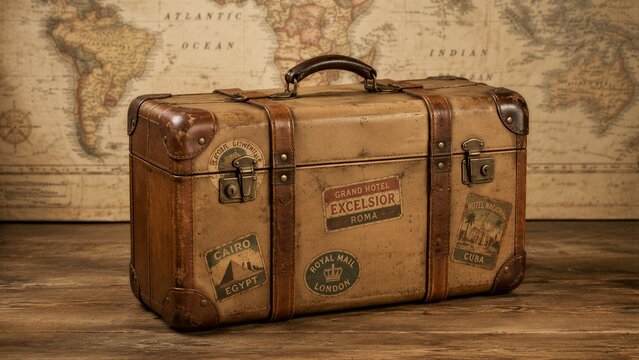 A vintage suitcase is placed on a wooden table. It has travel stickers from Cairo, London, and Cuba. A world map is seen in the background.