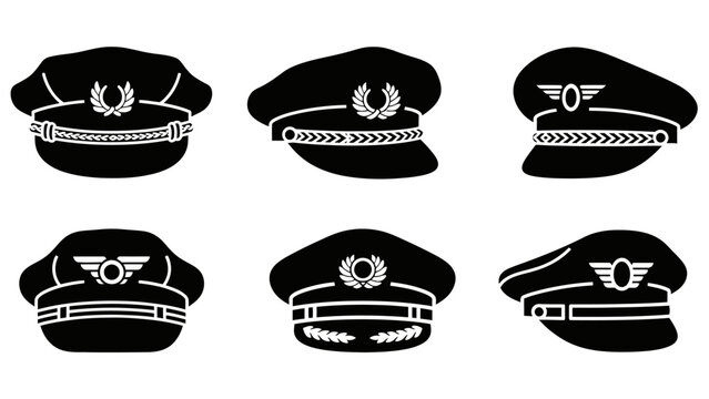 Pilot Hat Icons Set: Aviation Cap Designs, Vector Graphics, Professional Uniform Symbols