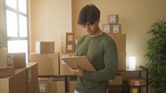 Man holding clipboard and pen checks stacked parcels and writes inventory notes inside a storage building; focused efficiency.